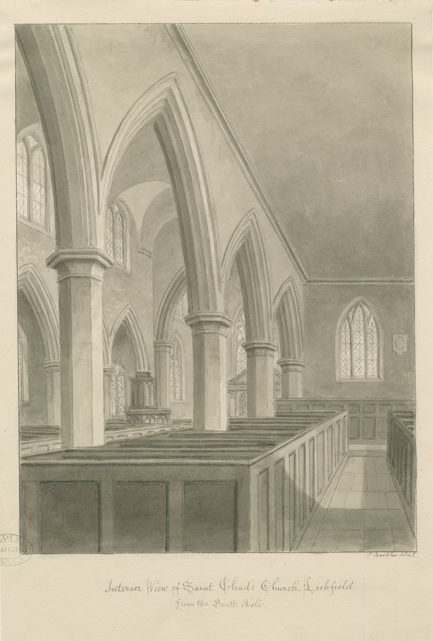Lichfield - Interiör av St. Tchads kyrka: sepiateckning av John Buckler