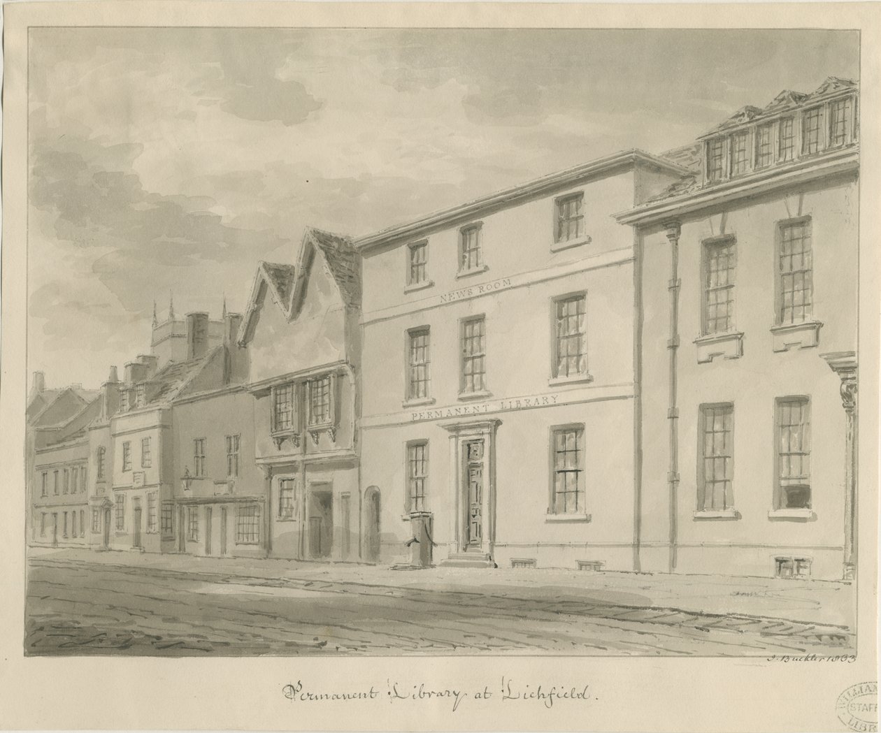 Lichfield - Bibliotek: sepiateckning, 1833 av John Buckler