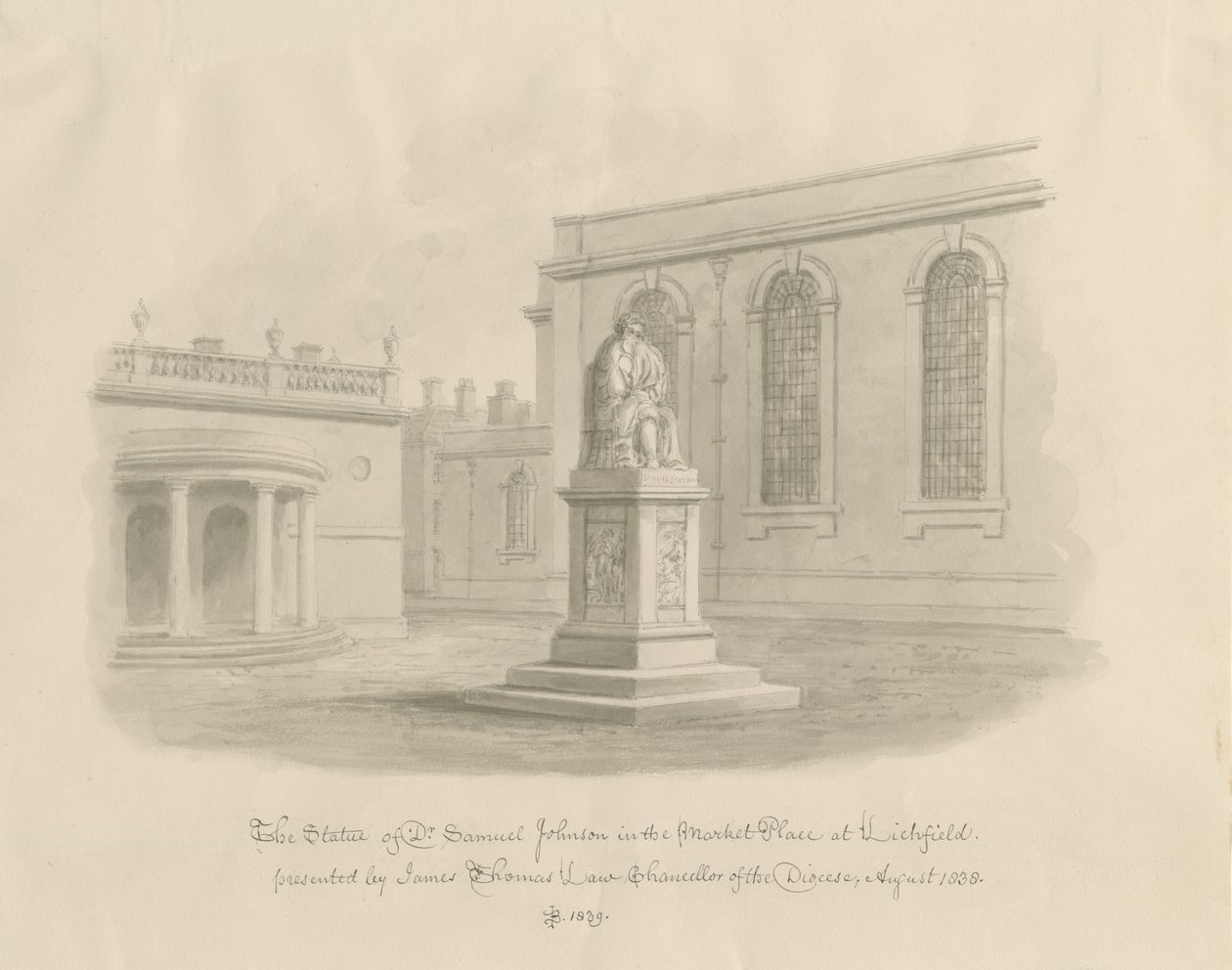 Lichfield - Market Place: sepiateckning (vinjeterad) av John Buckler