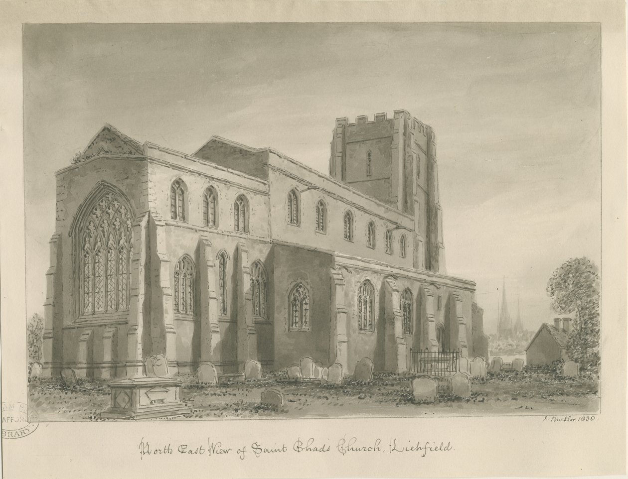 Lichfield - St. Tchads kyrka: sepiateckning av John Buckler