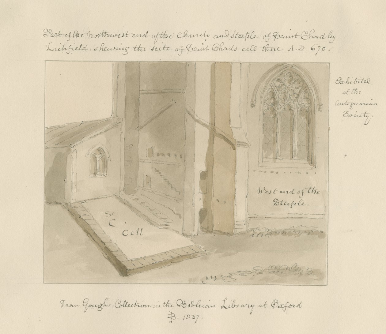 Lichfield - St. Tchads kyrka: sepiatvättteckning av John Buckler