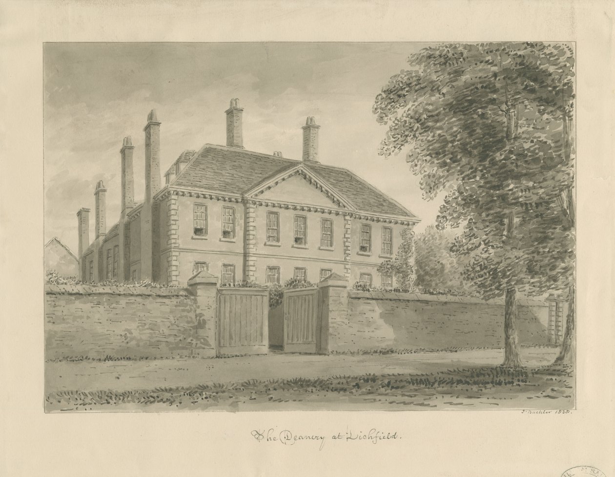 Lichfield - The Deanery in The Close: sepiateckning, 1838 av John Buckler