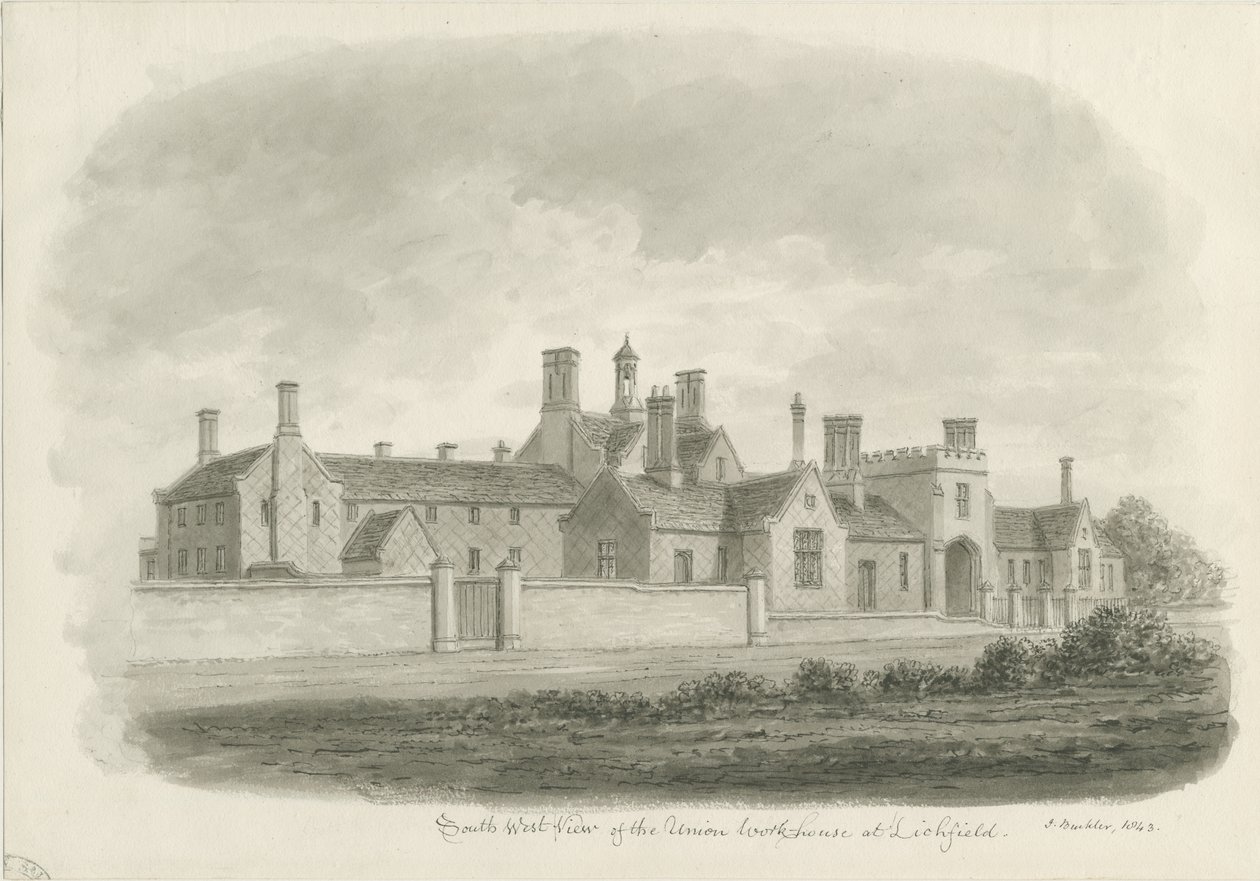 Lichfield - Union Workhouse: sepiateckning av John Buckler