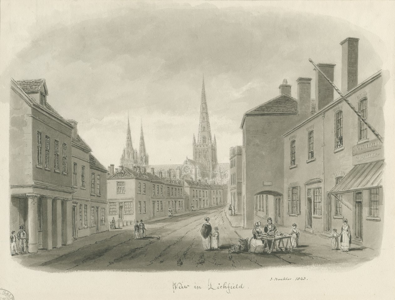Lichfield - Utsikt över gatan: sepiateckning, 1843 av John Buckler