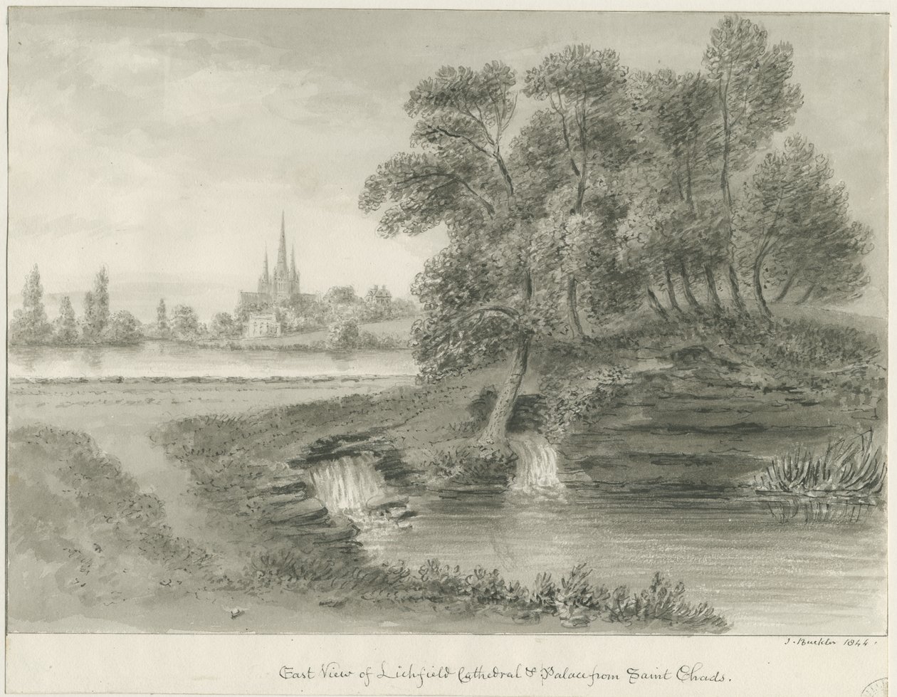 Lichfield Cathedral - East View: sepiateckning, 1844 av John Buckler