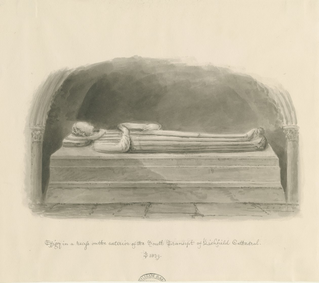 Lichfield Cathedral - Effigy [okänd person]: sepiateckning av John Buckler