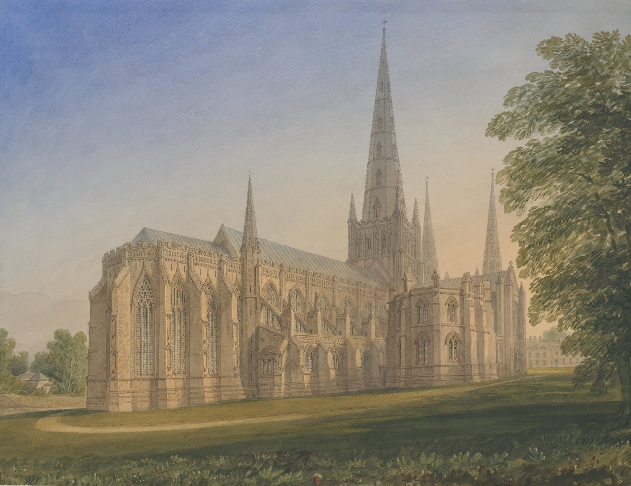 Lichfield Cathedral - North East View: akvarellmålning, nd [1770-1851] av John Buckler