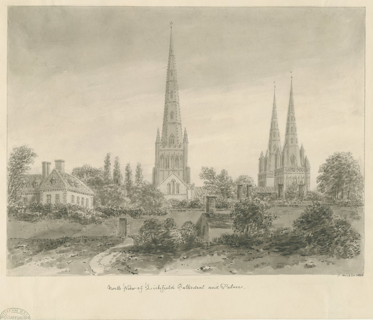 Lichfield Cathedral - North View: sepiateckning, 1838 av John Buckler
