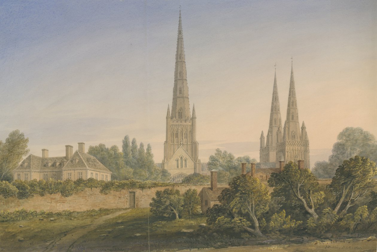 Lichfield Cathedral - North View: akvarellmålning, 1841 av John Buckler