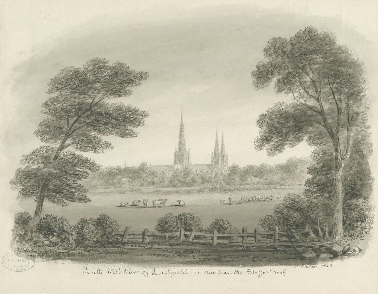 Lichfield Cathedral - North West View (avlägsen): sepiateckning av John Buckler