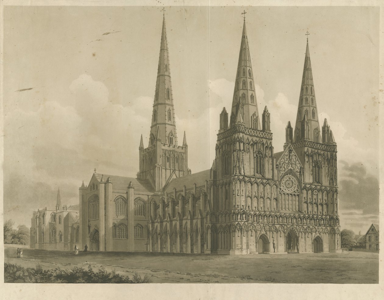 Lichfield Cathedral - North West View: akvatintgravyr, nd [1807] av John Buckler