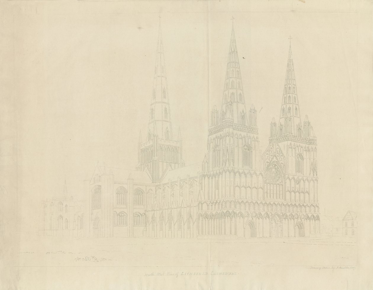 Lichfield Cathedral - North West View: etsning, 1807 av John Buckler