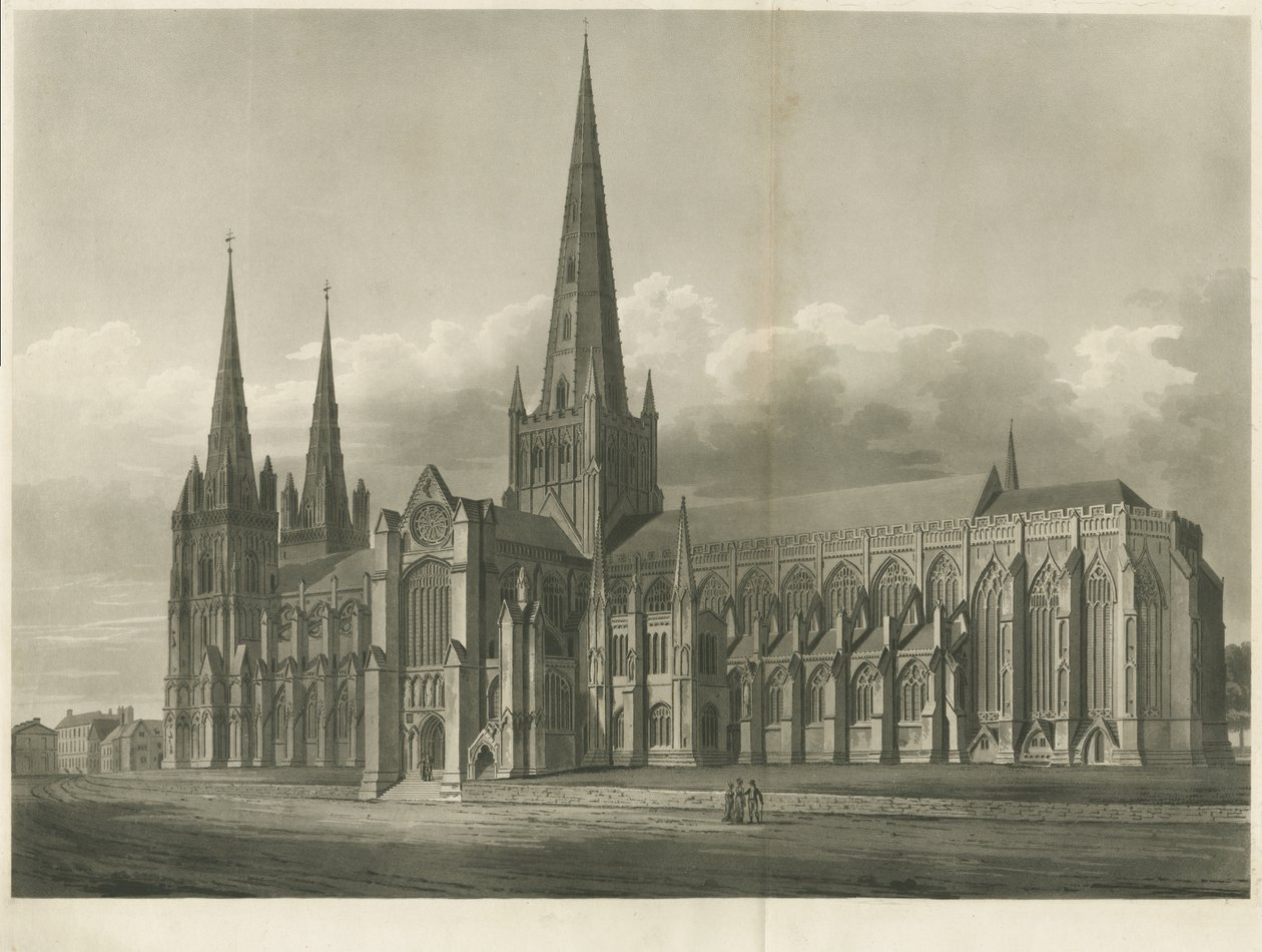 Lichfield Cathedral - South East View: akvatintgravyr och [?1800-talet] av John Buckler