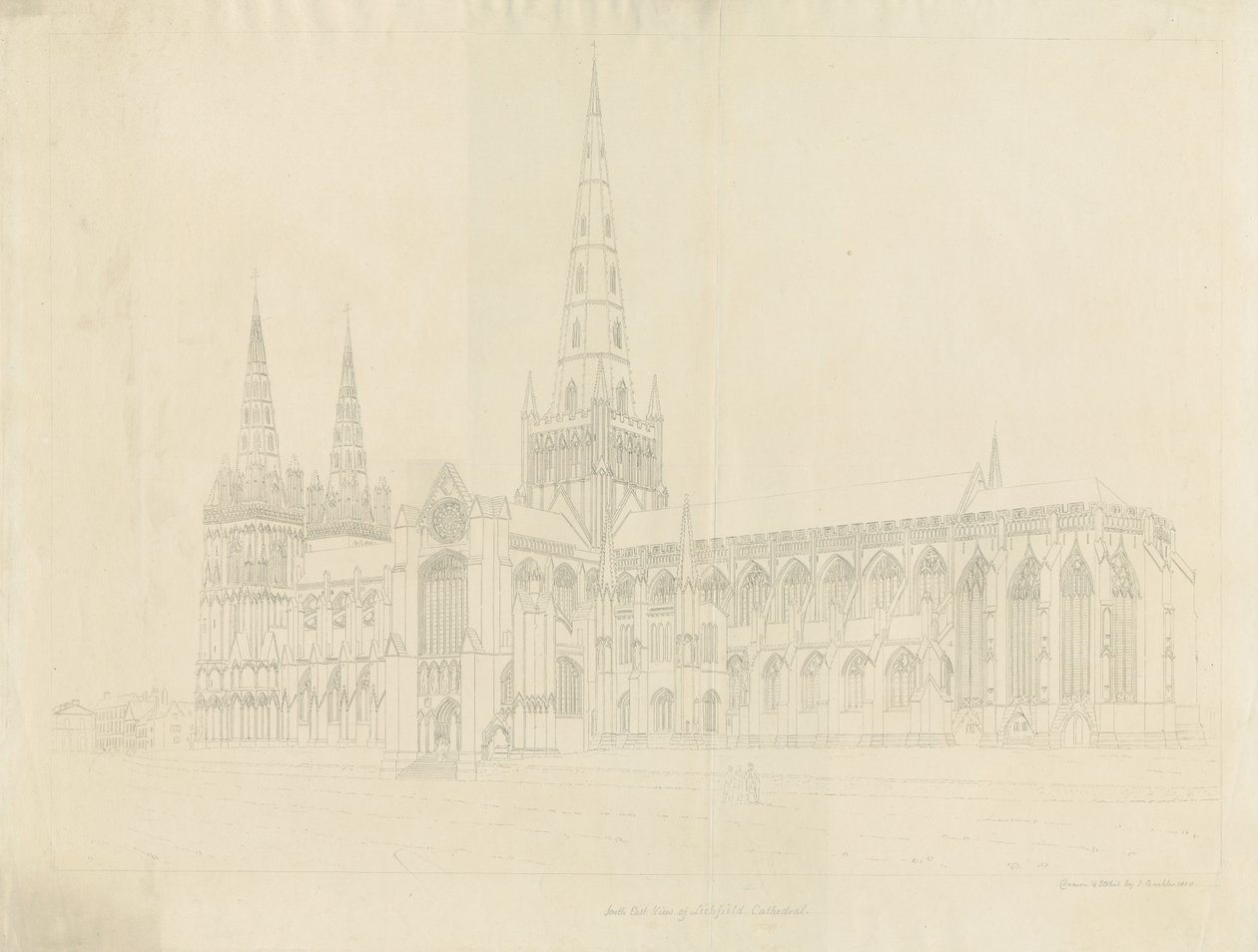 Lichfield Cathedral - South East View: konturetsning, nd [1808] av John Buckler
