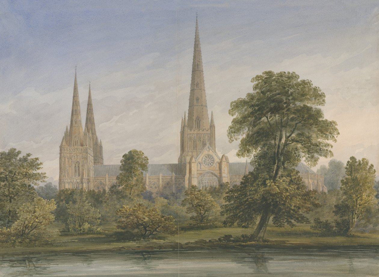 Lichfield Cathedral - South East View: akvarellmålning, nd [?1842] av John Buckler