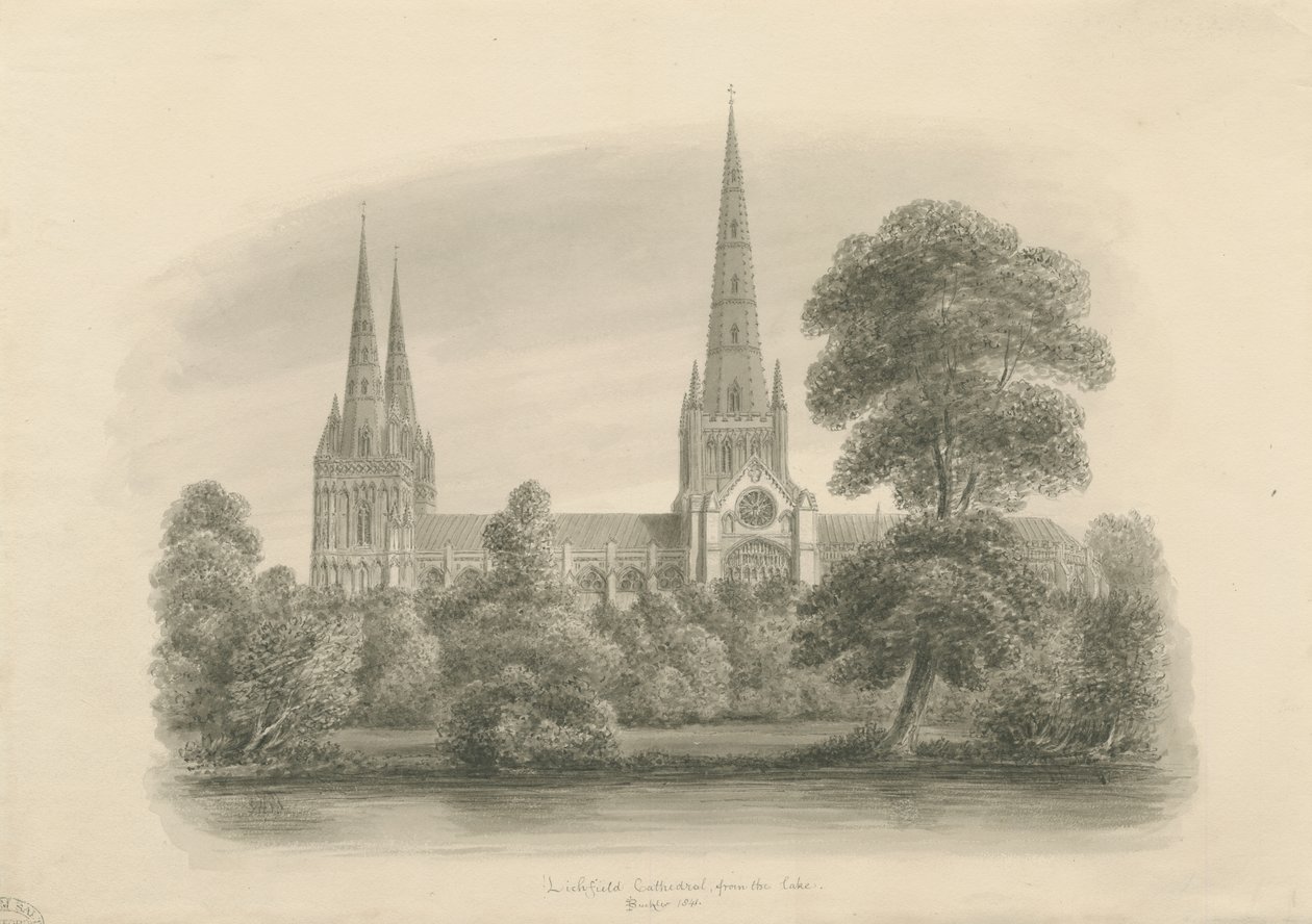 Lichfield Cathedral - South View: sepiateckning, 1841 av John Buckler