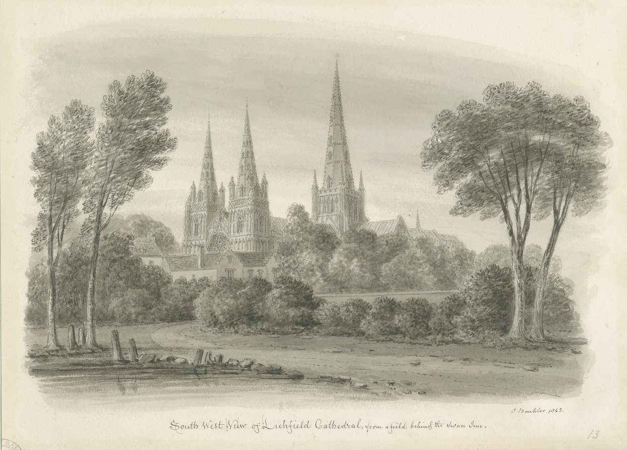 Lichfield Cathedral - South West View: sepiateckning av John Buckler