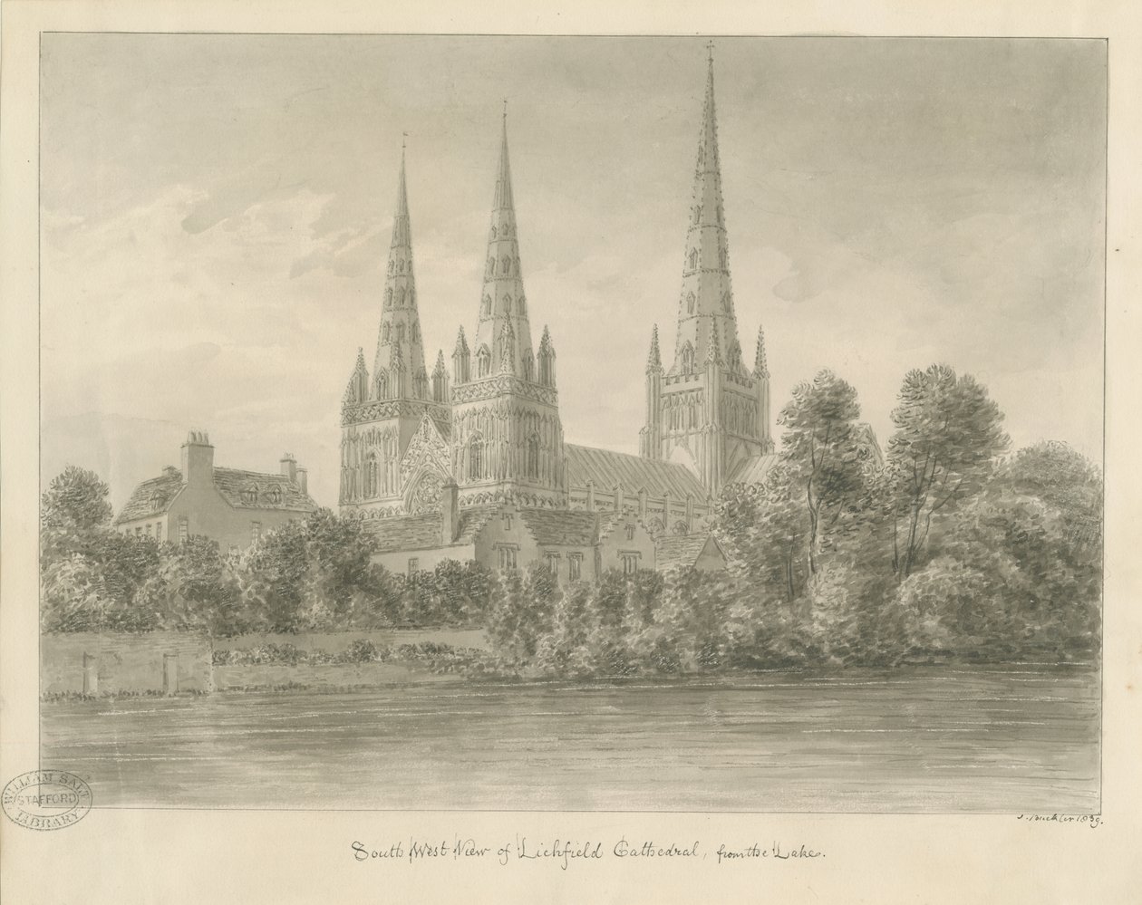 Lichfield Cathedral - South West View: sepiateckning av John Buckler