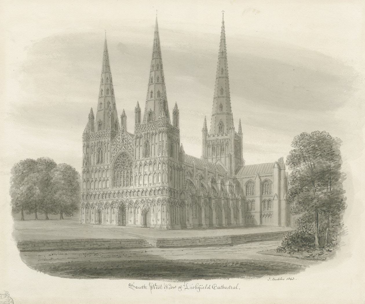 Lichfield Cathedral - South West View: sepiateckning av John Buckler