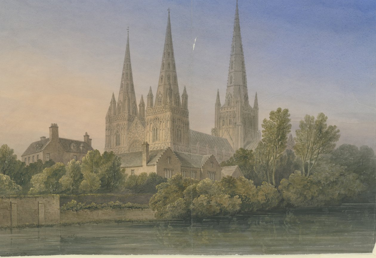 Lichfield Cathedral - South West View: akvarellmålning, 1839 av John Buckler