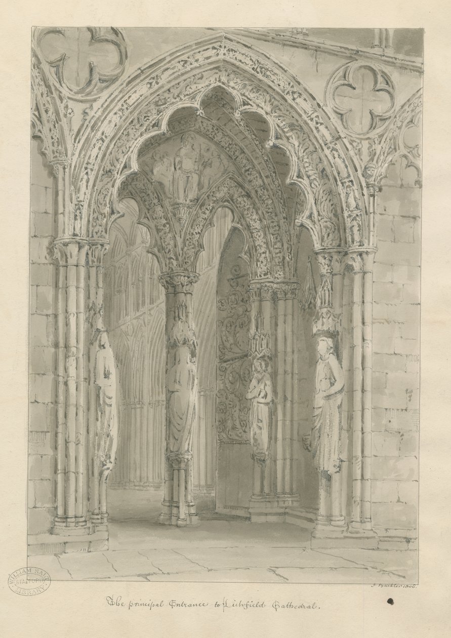 Lichfield Cathedral - West Doorway: sepiateckning av John Buckler
