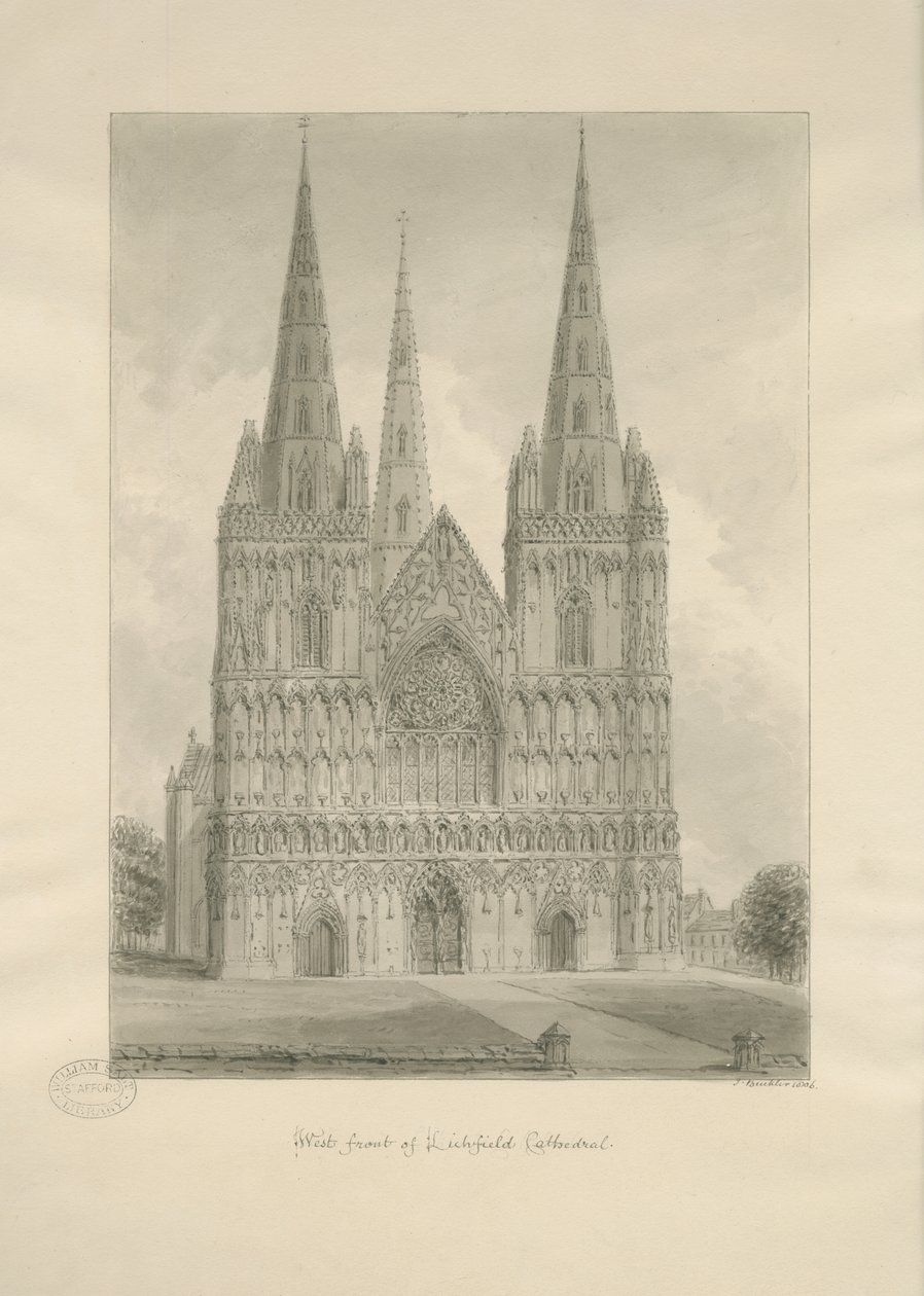 Lichfield Cathedral - West Front: sepiateckning, 1806 av John Buckler