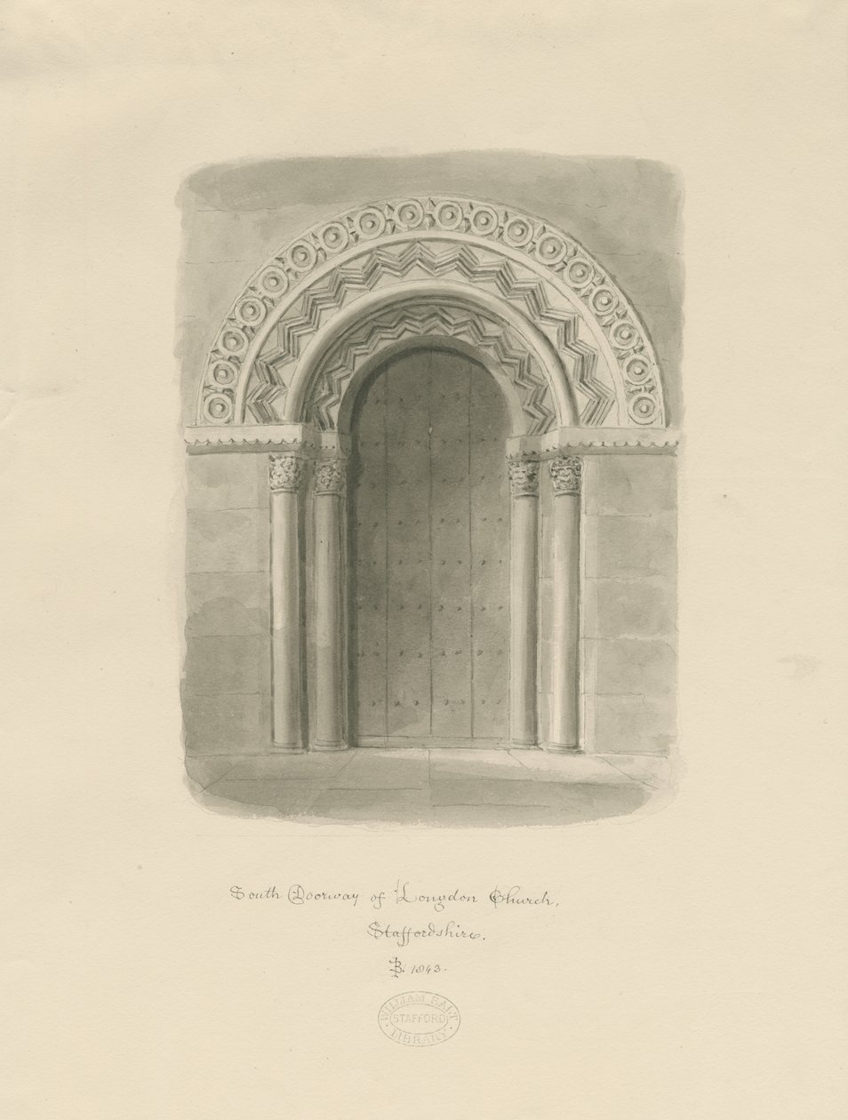 Longdon Church - South Doorway: sepiateckning av John Buckler