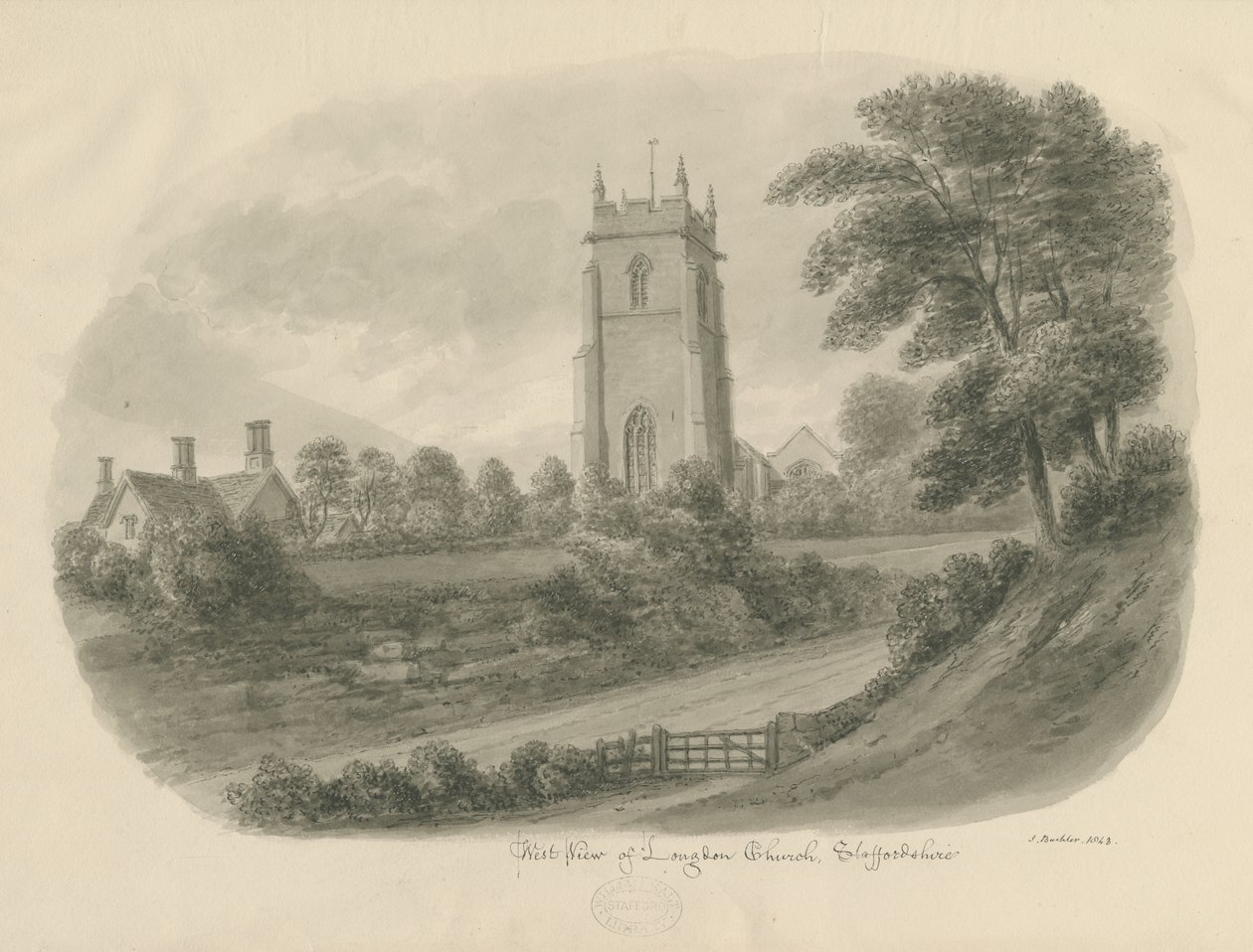 Longdon Church: sepiateckning av John Buckler