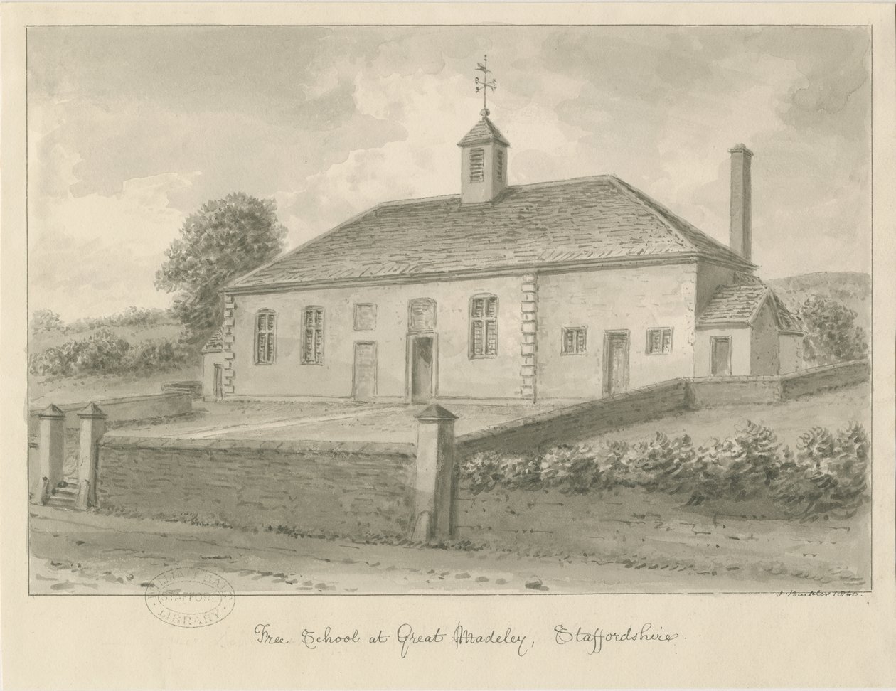 Madeley - Free School: sepiateckning, 1840 av John Buckler