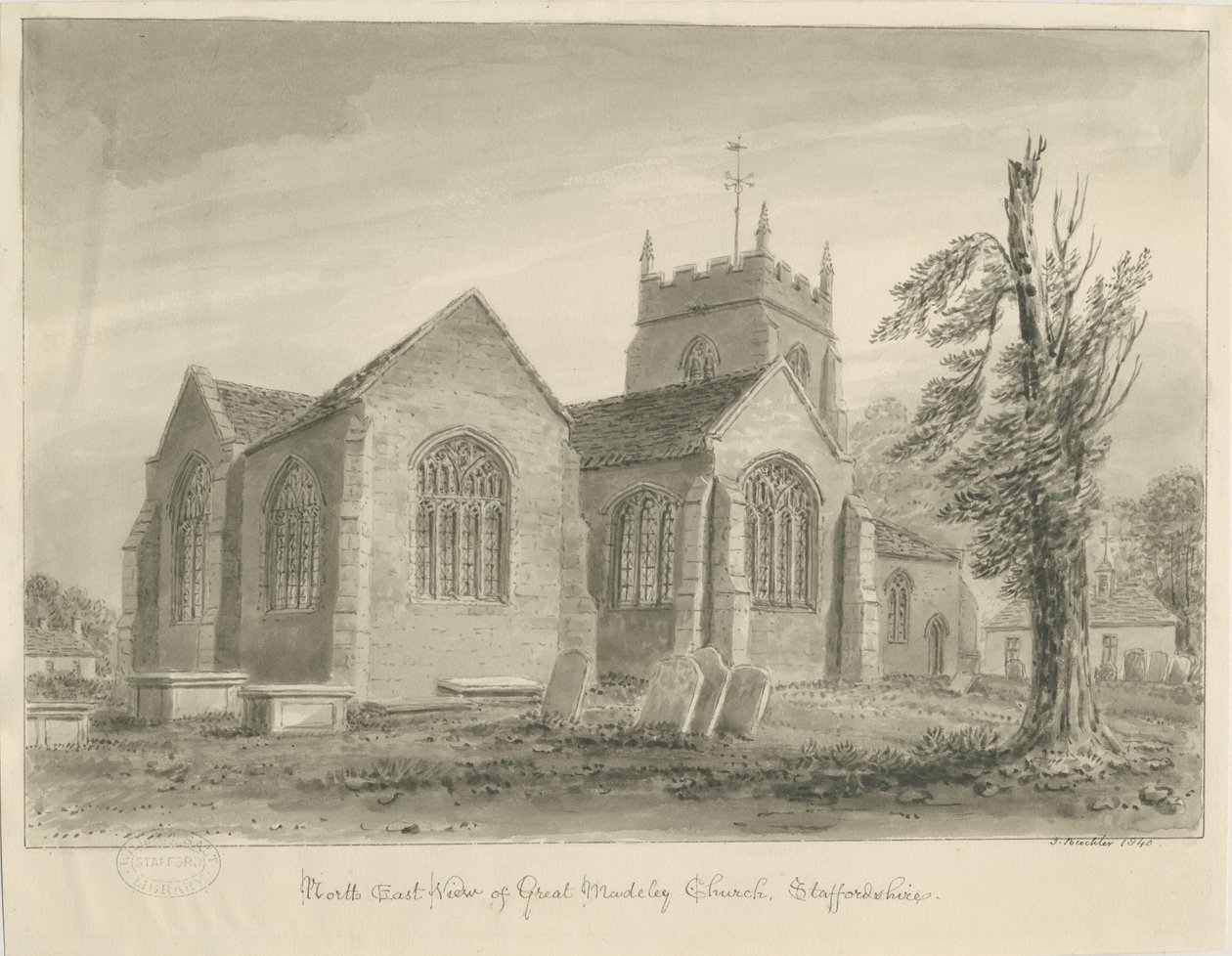 Madeley Church: sepiatvättteckning av John Buckler