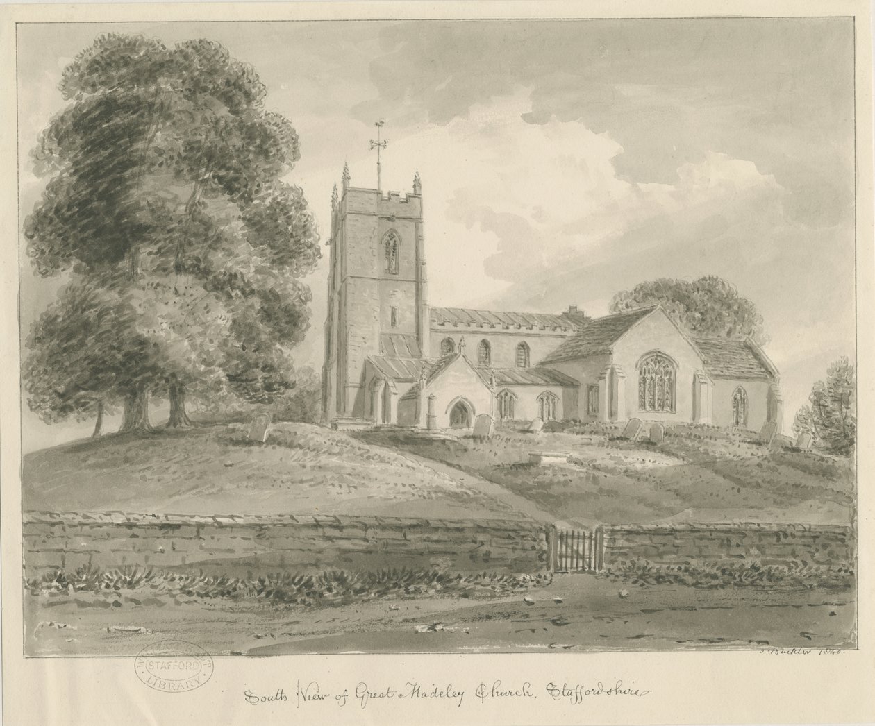 Madeley Church: sepiatvättteckning av John Buckler