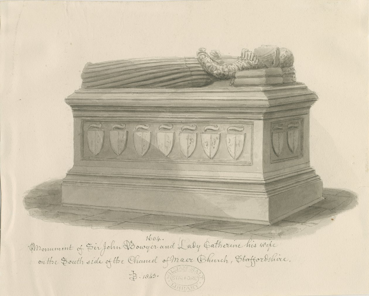 Maer Church - Monument till Sir John Bowyer och Lady Catherine: sepiatvättteckning, 1843 av John Buckler