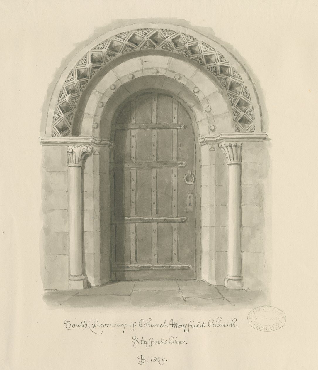 Mayfield Church - South Doorway: sepiatvättteckning, 1839 av John Buckler