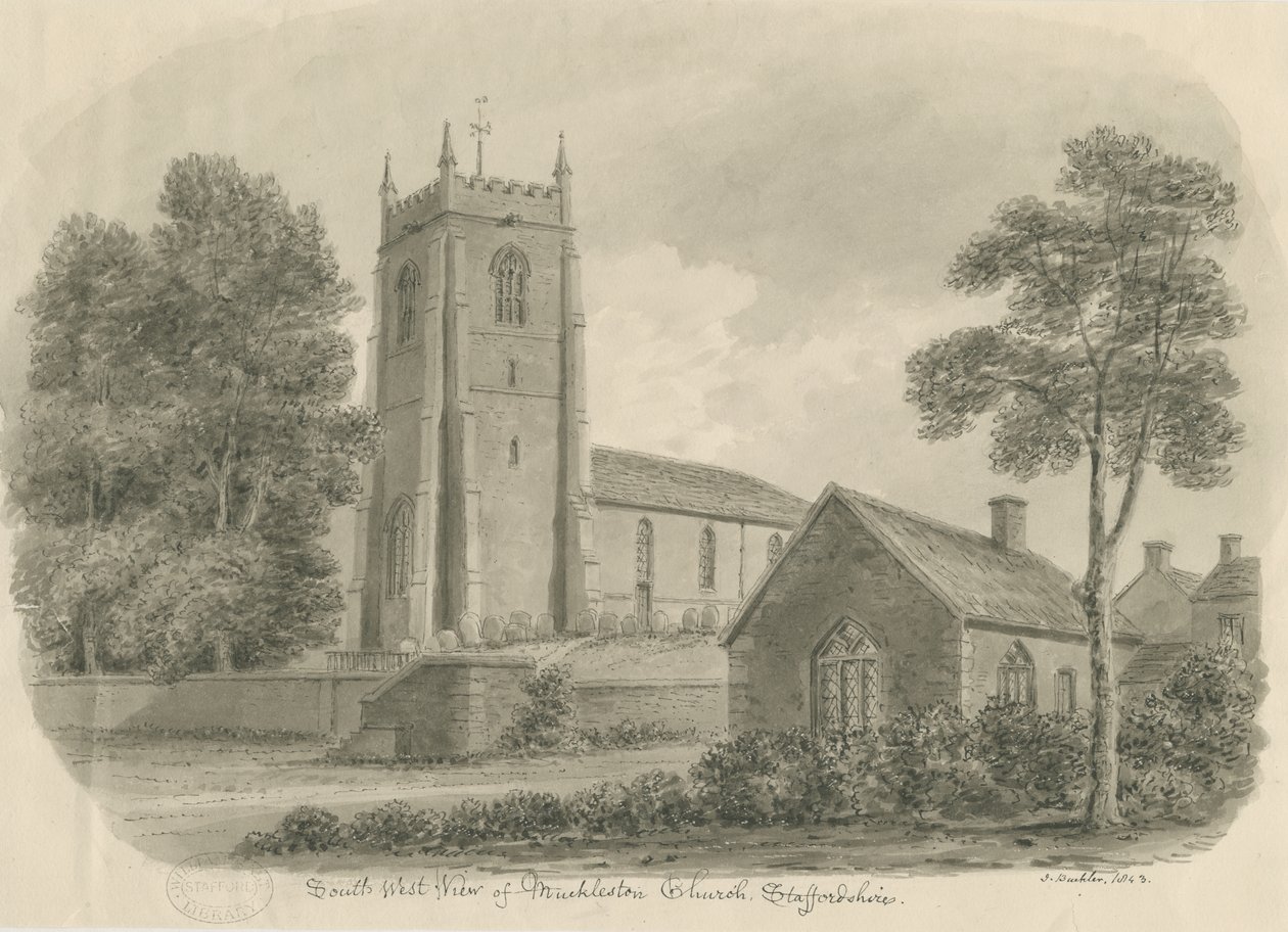 Mucklestone Church: sepiatvättteckning av John Buckler