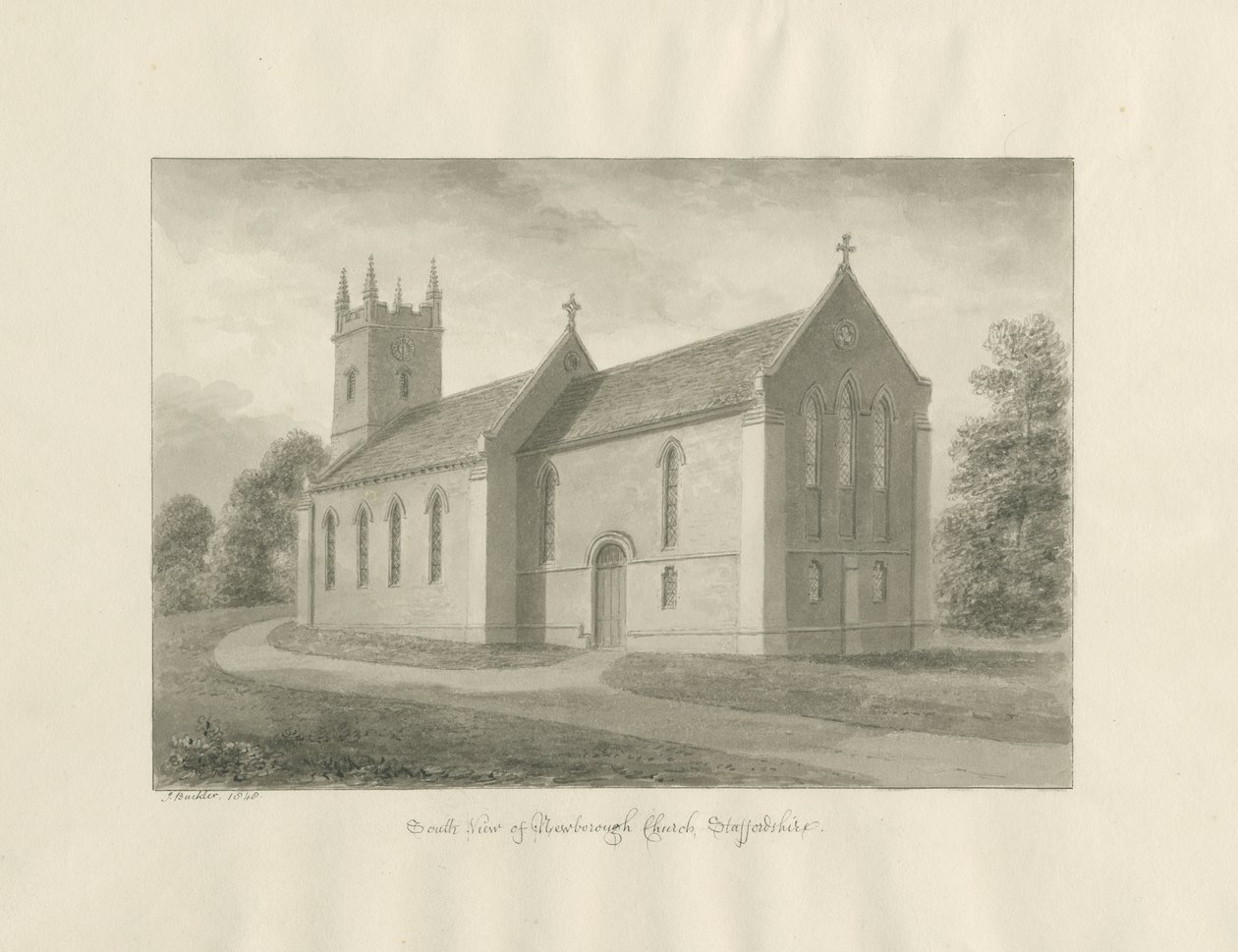 Newborough Church: sepiatvättteckning av John Buckler