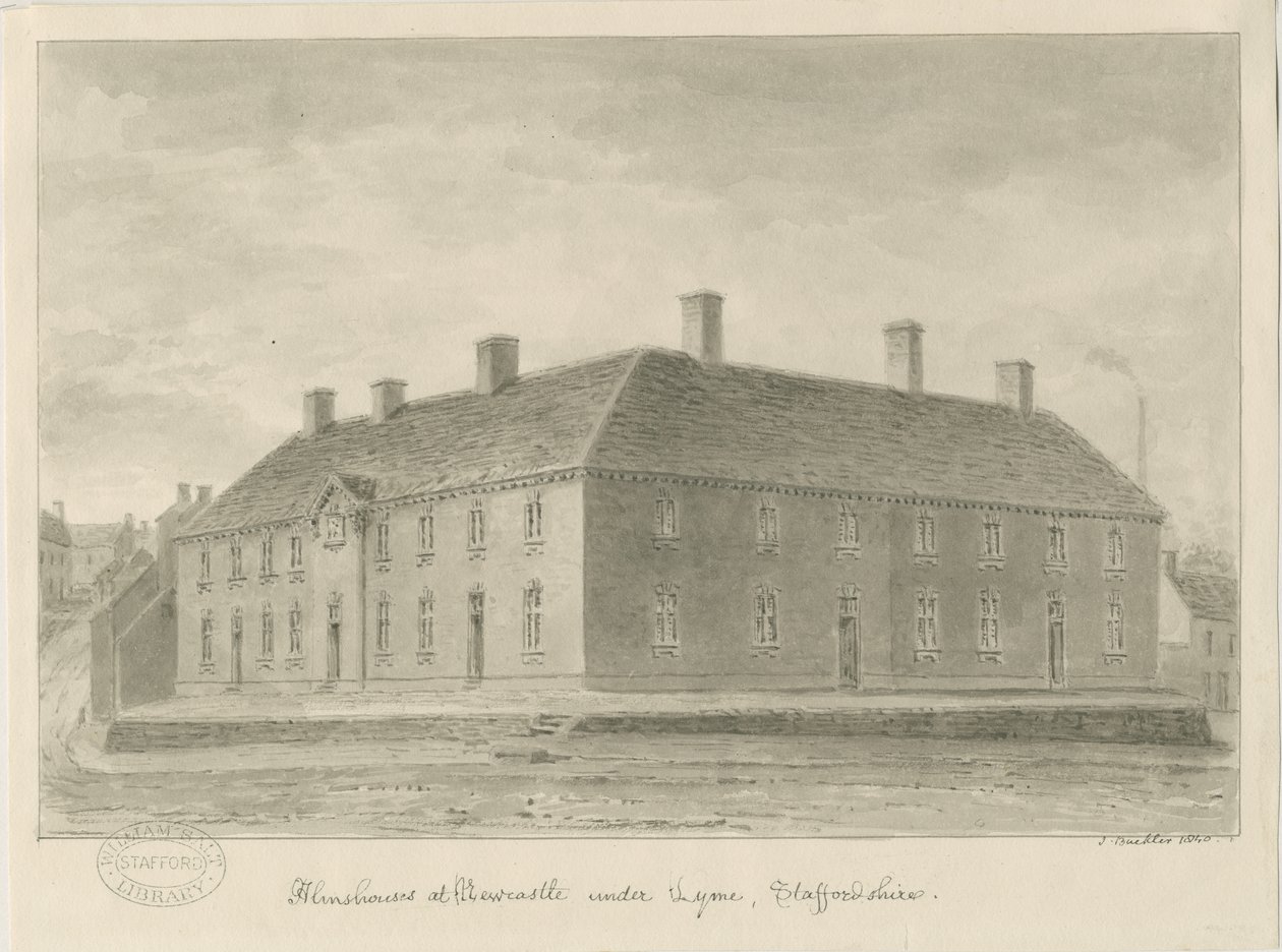 Newcastle-under-Lyme - Almshouses: sepiateckning, 1840 av John Buckler