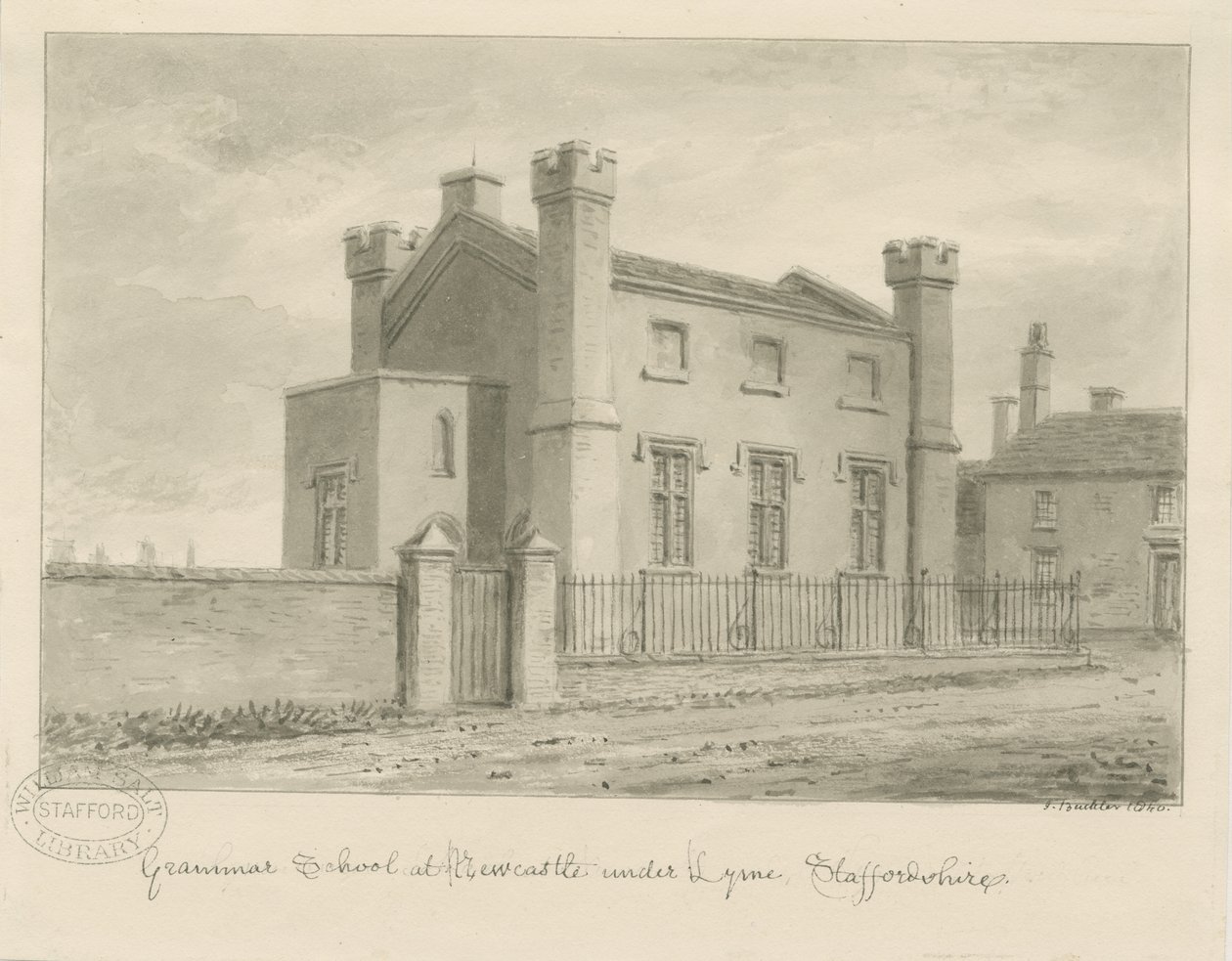 Newcastle-under-Lyme - Grammar School: sepiatvättteckning, 1840 av John Buckler