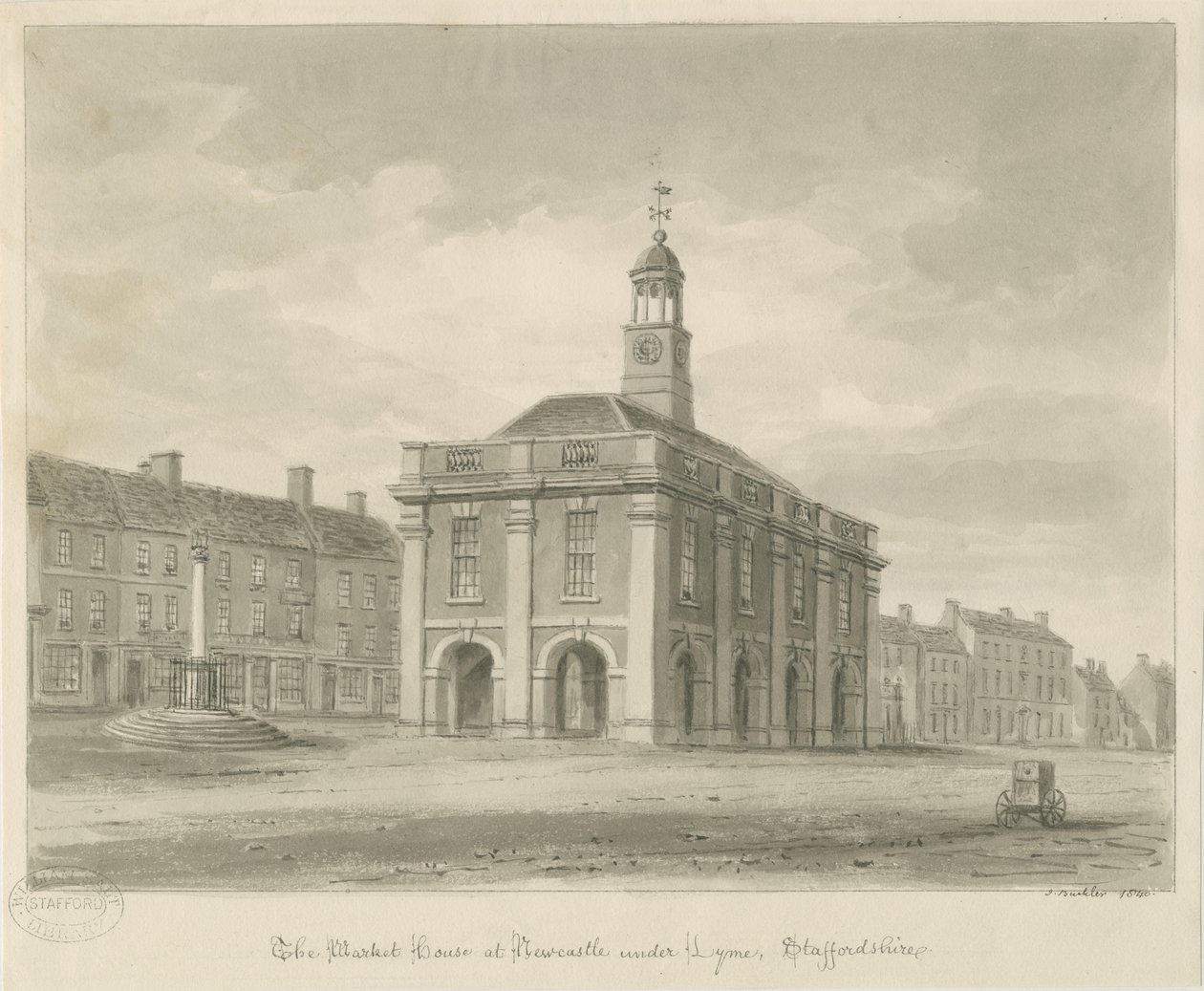 Newcastle-under-Lyme - Market Square: sepiatvättteckning, 1840 av John Buckler