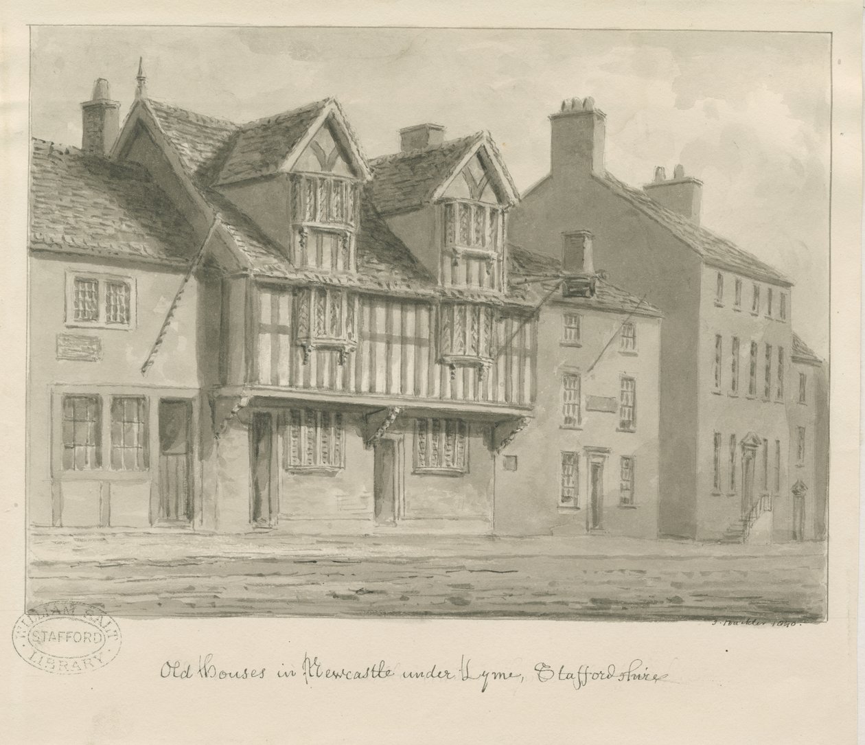 Newcastle-under-Lyme - Gamla hus: sepiateckning, 1840 av John Buckler