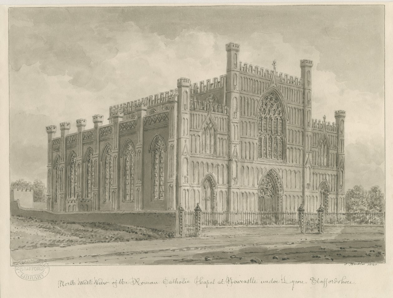 Newcastle-under-Lyme - Romersk-katolska kapellet: sepiatvättteckning, 1840 av John Buckler