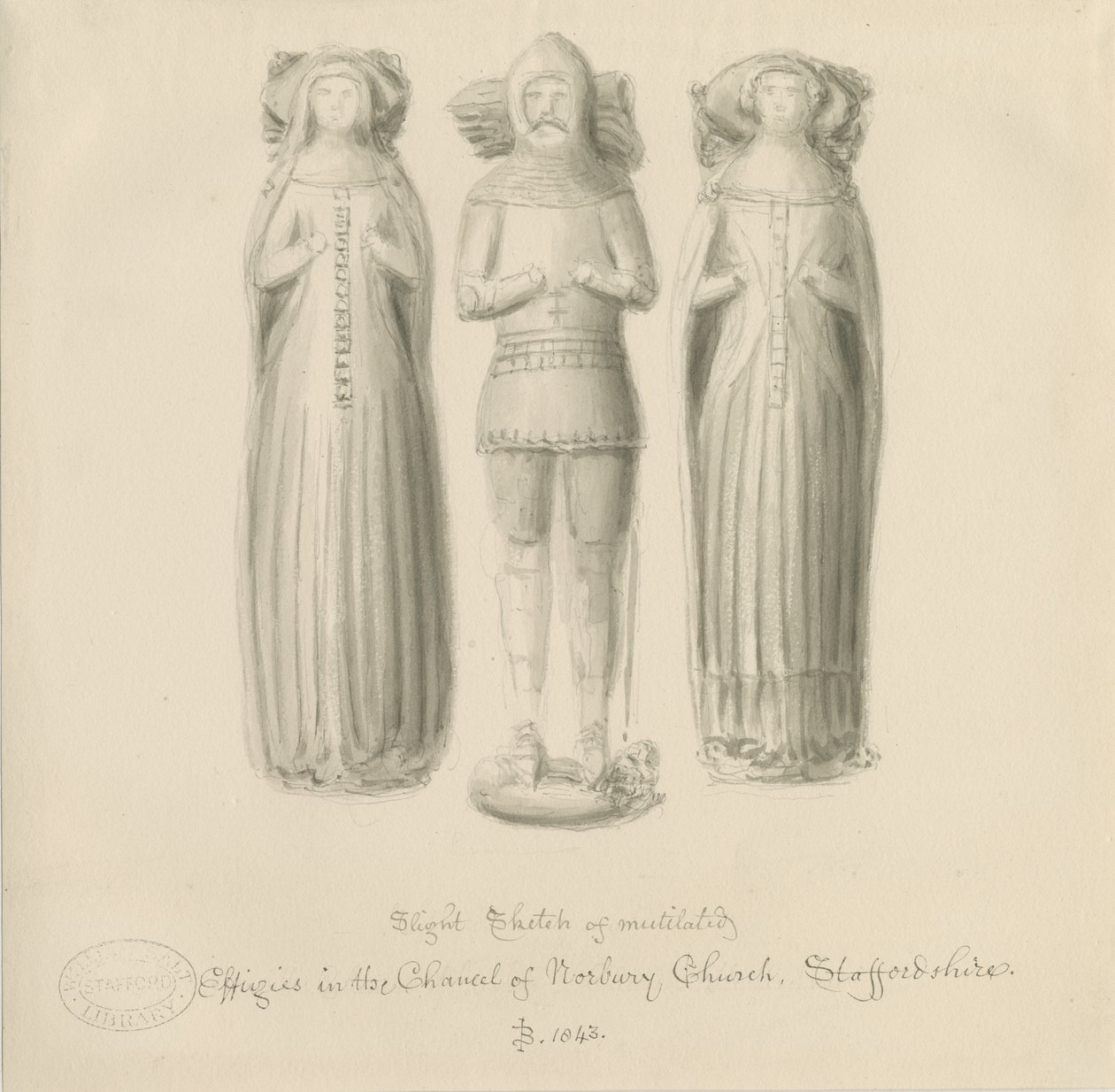 Norbury Church - Effigy [av Sir Edward Botiler]: sepiateckning av John Buckler