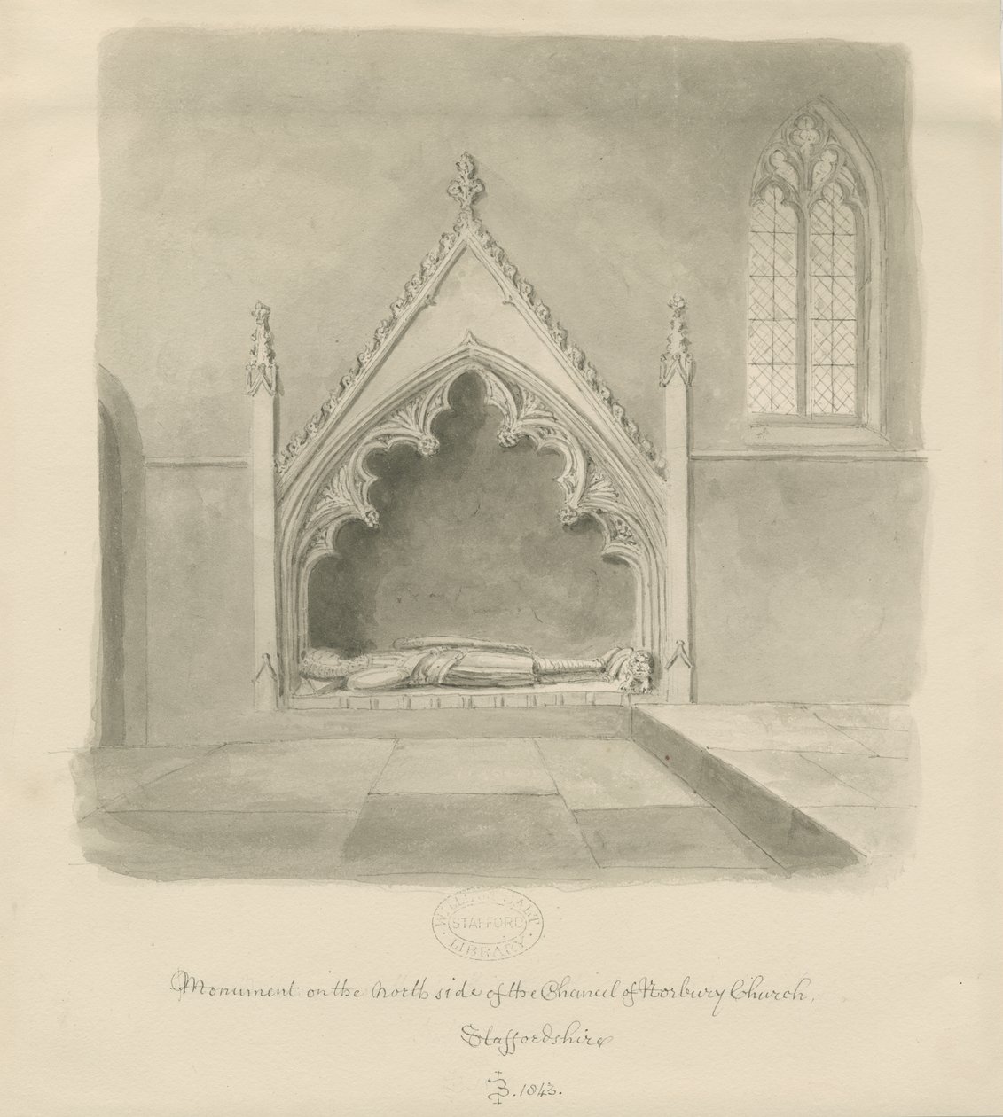 Norbury Church - Monument till Ralph le Boteler: sepiatvättteckning, 1843 av John Buckler