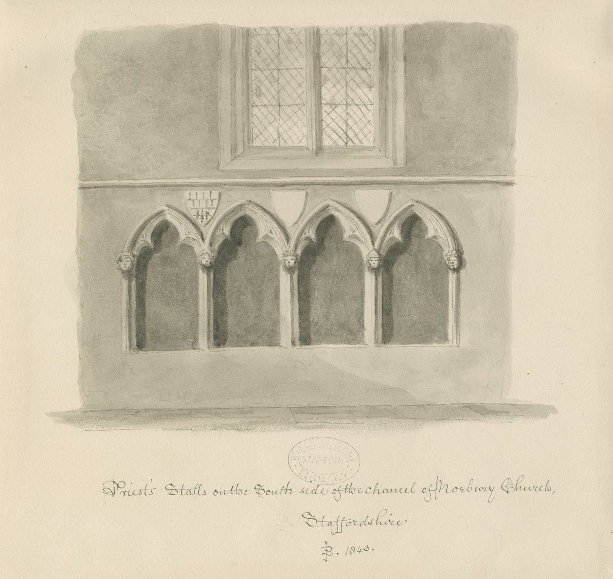 Norbury Church - Priests" stånd: sepiatvättteckning, 1843 av John Buckler