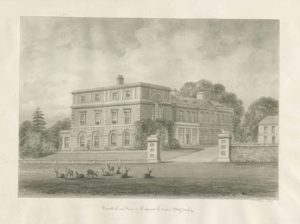 Okeover Hall: sepiatvättteckning, 1847 av John Buckler