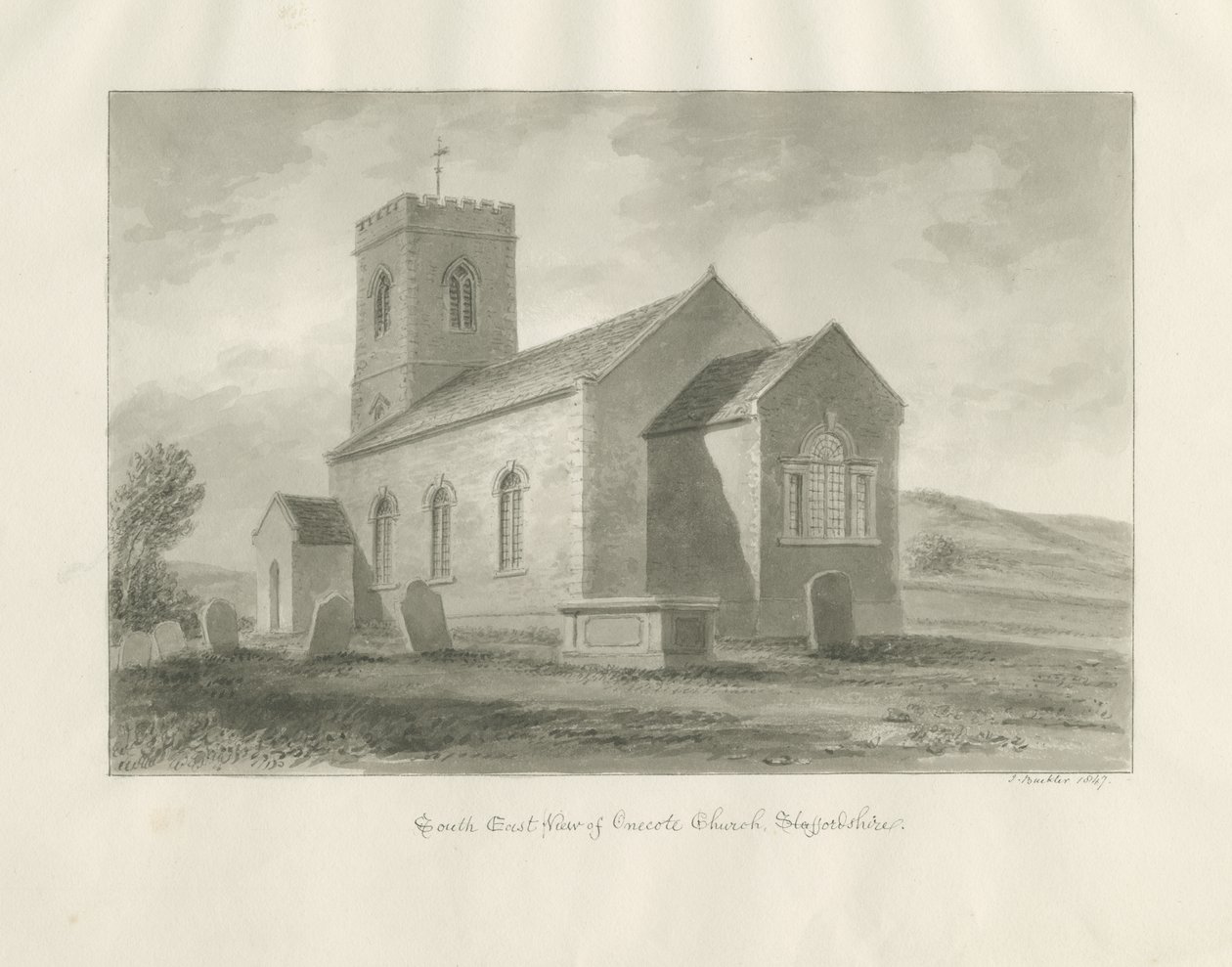 Onecote Church: sepiatvättteckning, 1847 av John Buckler