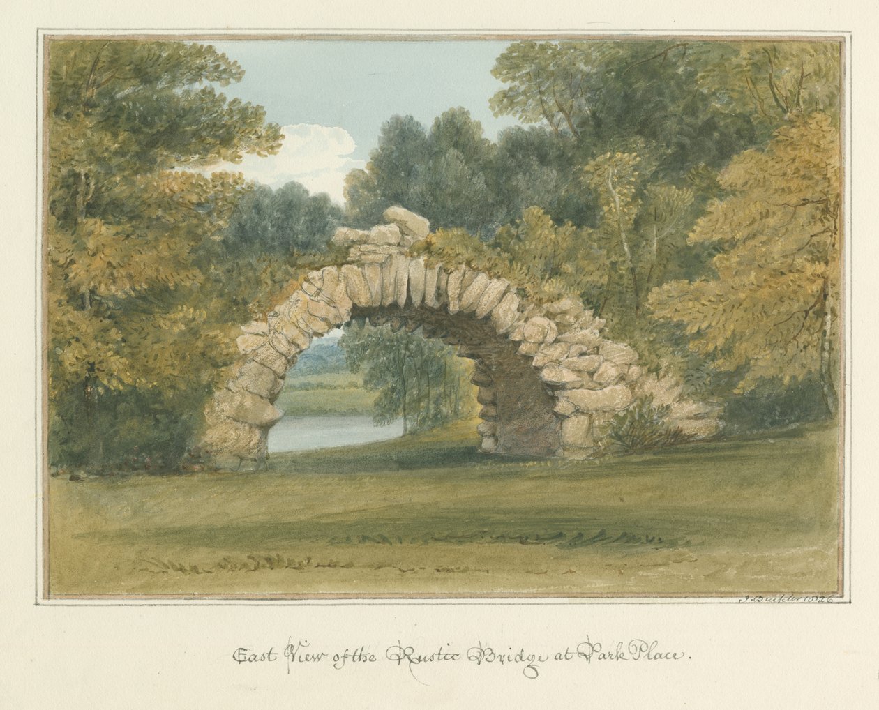 Oxfordshire - Henley upon Thames - Rustic Bridge på Park Place, 1826 av John Buckler