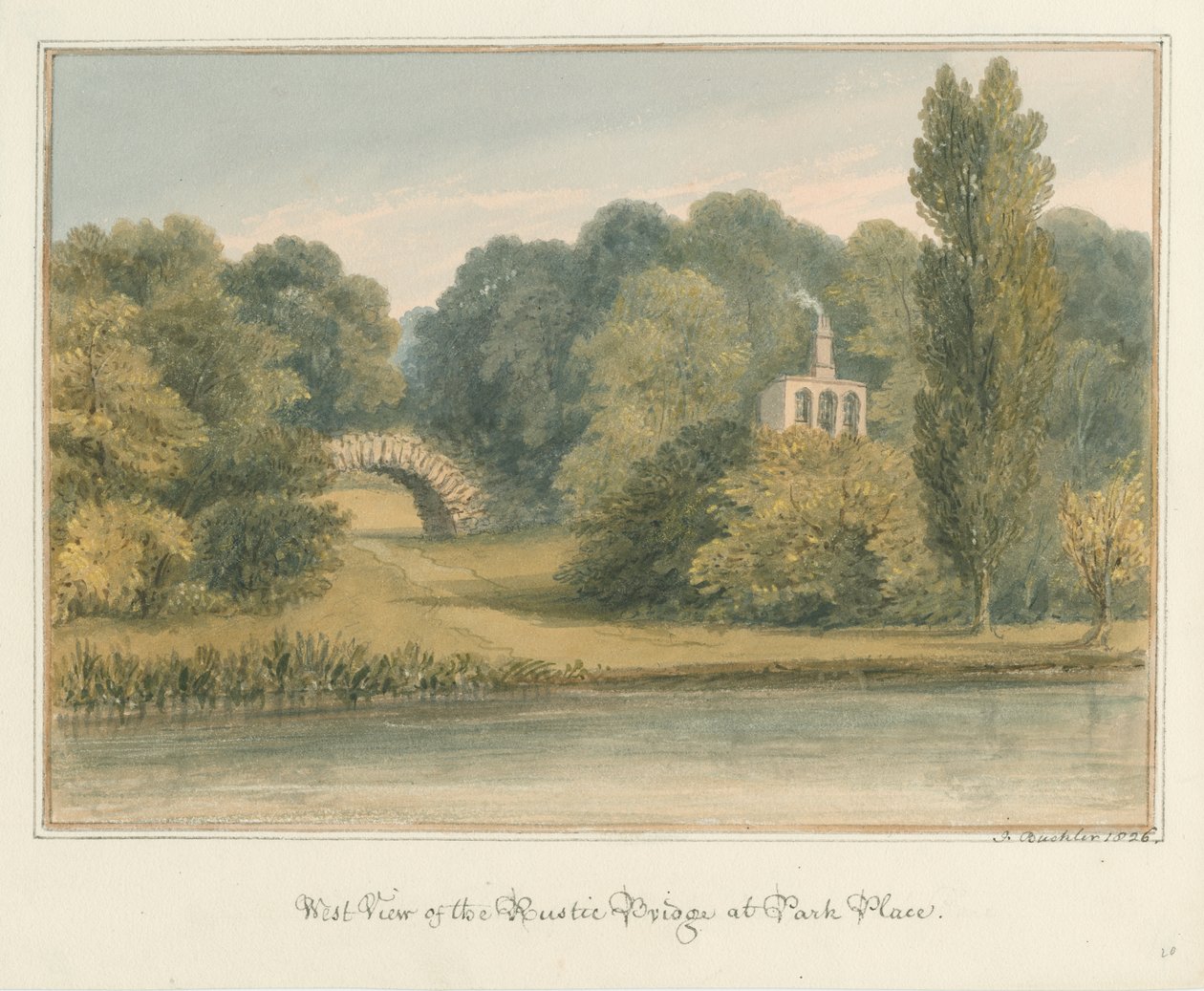 Oxfordshire - Henley upon Thames - Rustic Bridge på Park Place, 1826 av John Buckler