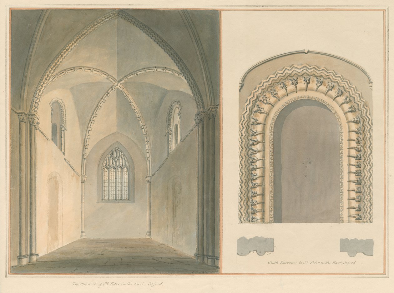 Oxfordshire - Oxford - Chancell and South Entrance of St. Peter in the East Church, 1803 av John Buckler