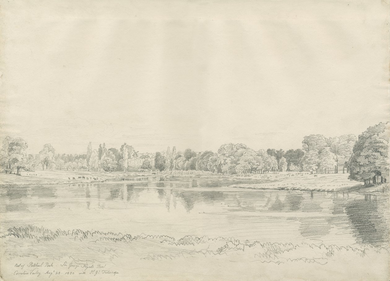 Patshull House - Park and Pool: blyertsteckning, 25 augusti 1820 av John Buckler