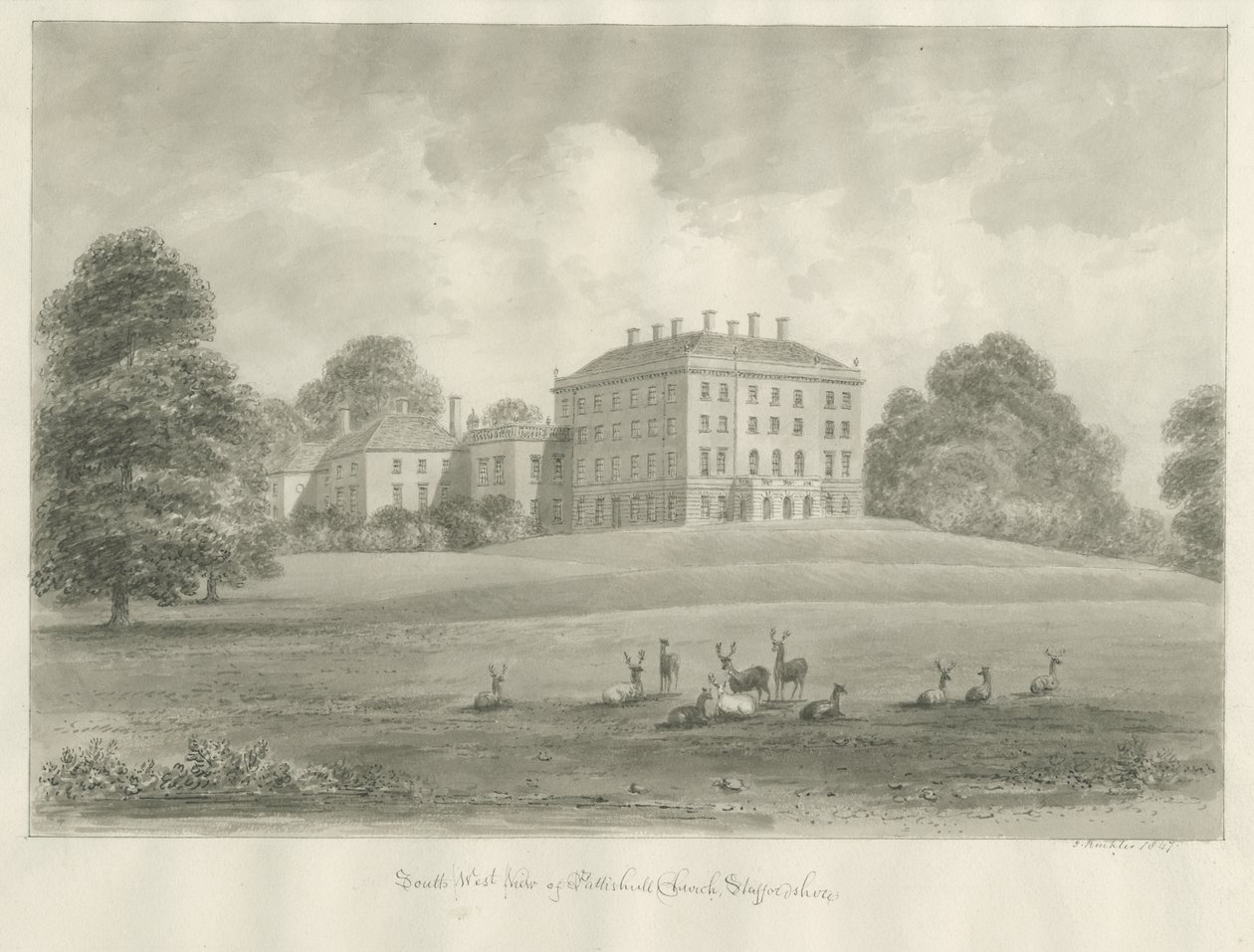 Patshull House: sepiateckning, 1847 av John Buckler